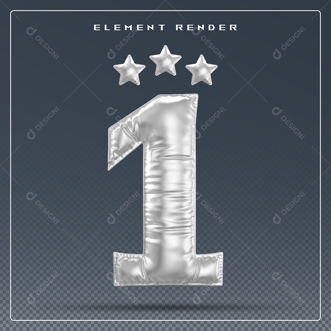 Elemento 3D Número 1 Cinza para Composição PSD