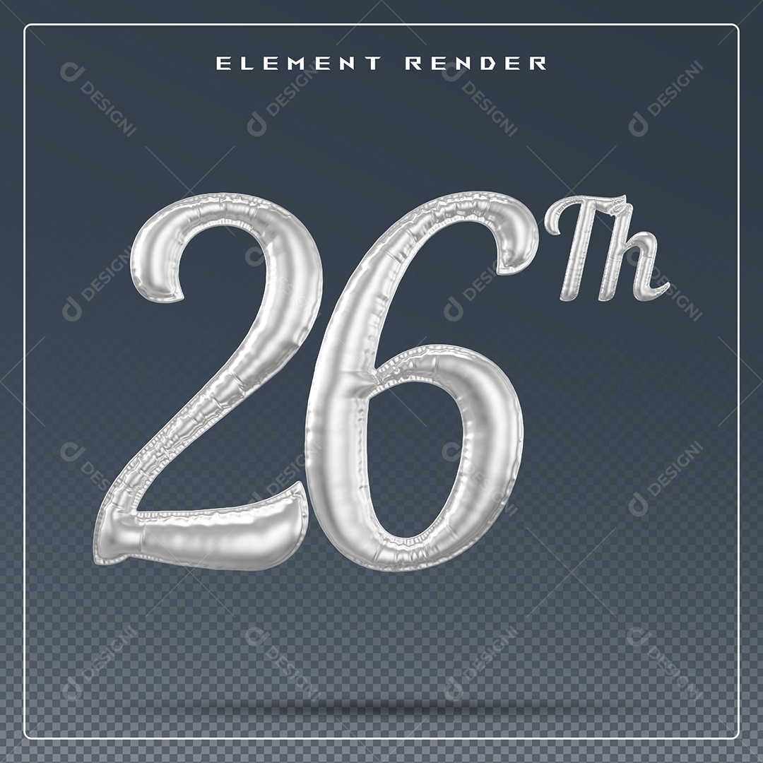 Elemento 3D Número 26 Th Cinza para Composição PSD