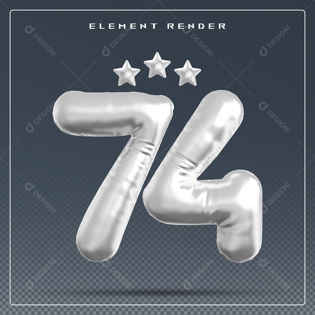 Elemento 3D Número 74 Th Cinza para Composição PSD