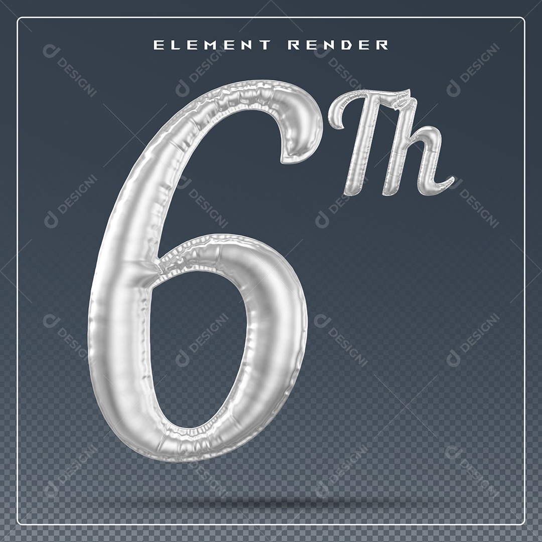 Elemento 3D Número 6 Th Cinza para Composição PSD