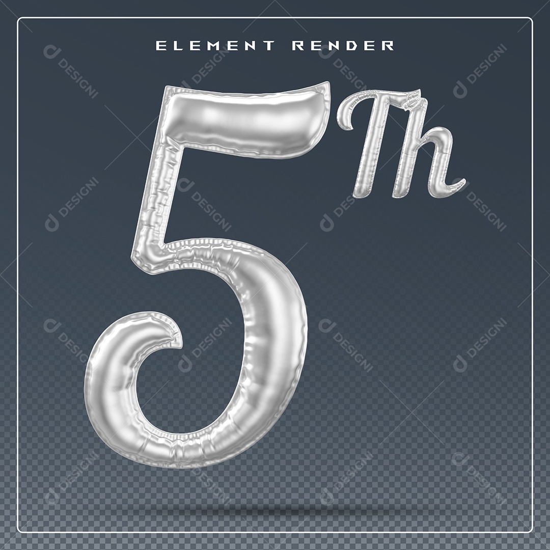 Elemento 3D Número 5 Th Cinza para Composição PSD