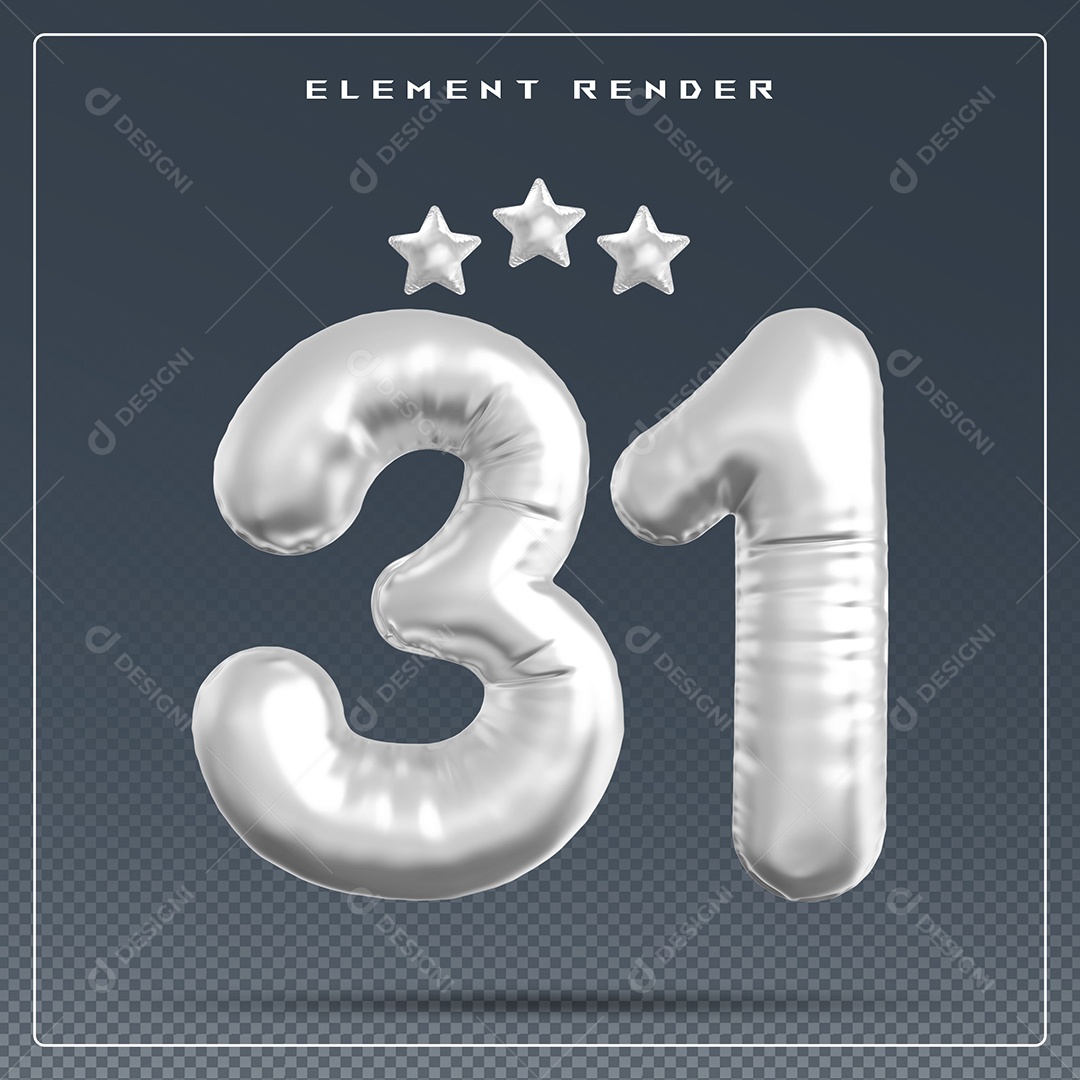 Elemento 3D Número 31 Cinza para Composição PSD