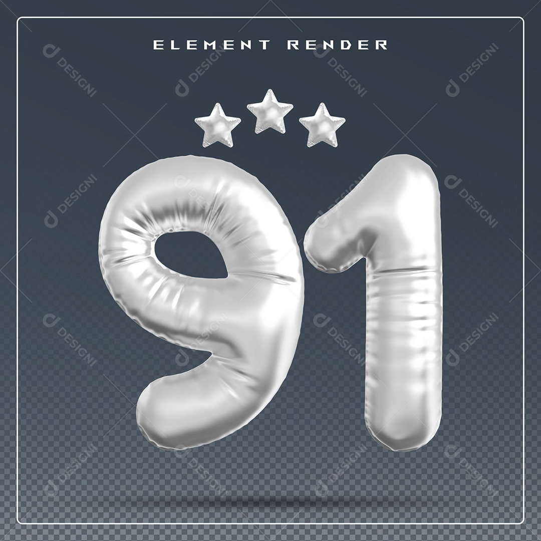 Elemento 3D Número 91 Cinza para Composição PSDe
