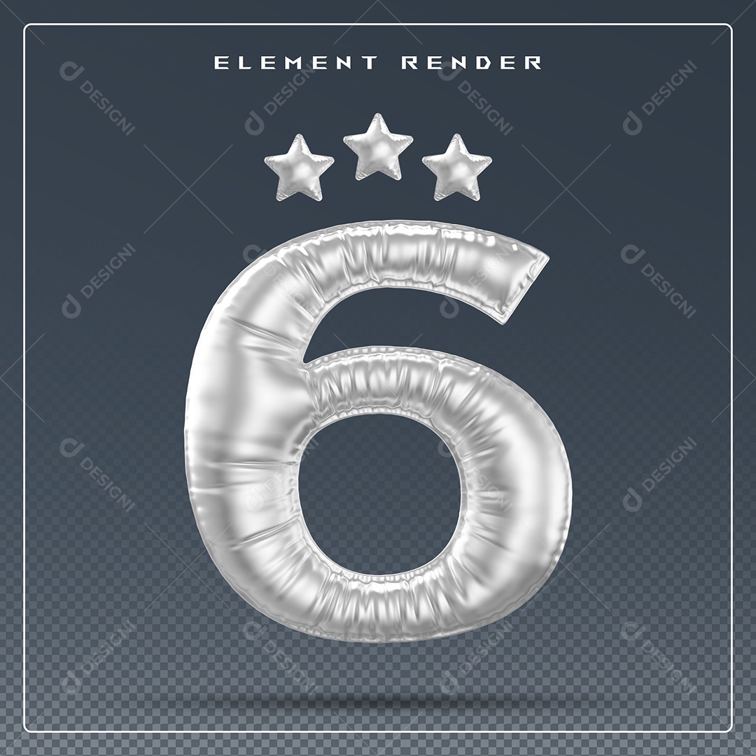 Elemento 3D Número 6 Cinza para Composição PSD