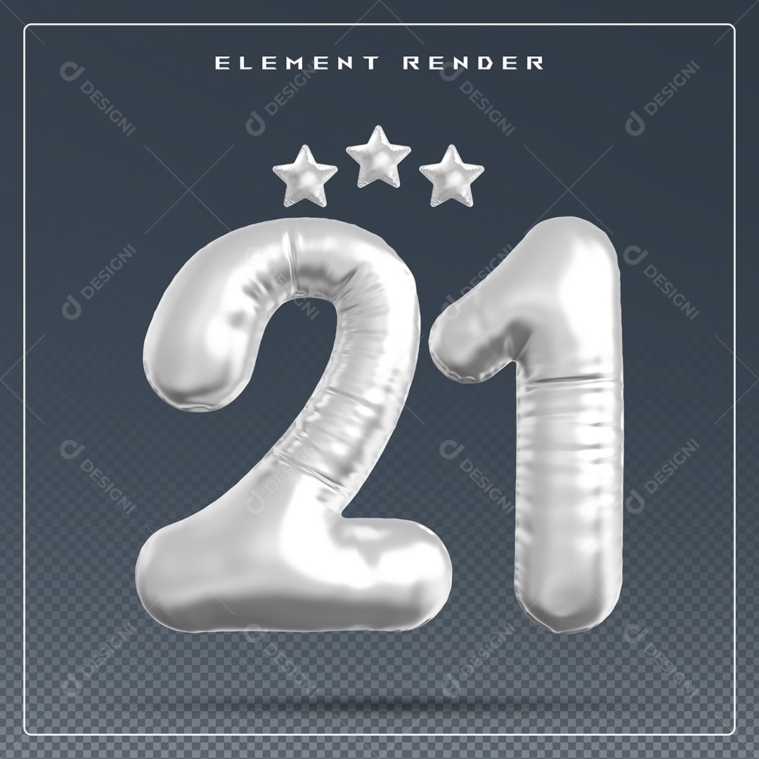 Elemento 3D Número 21 Cinza para Composição PSD