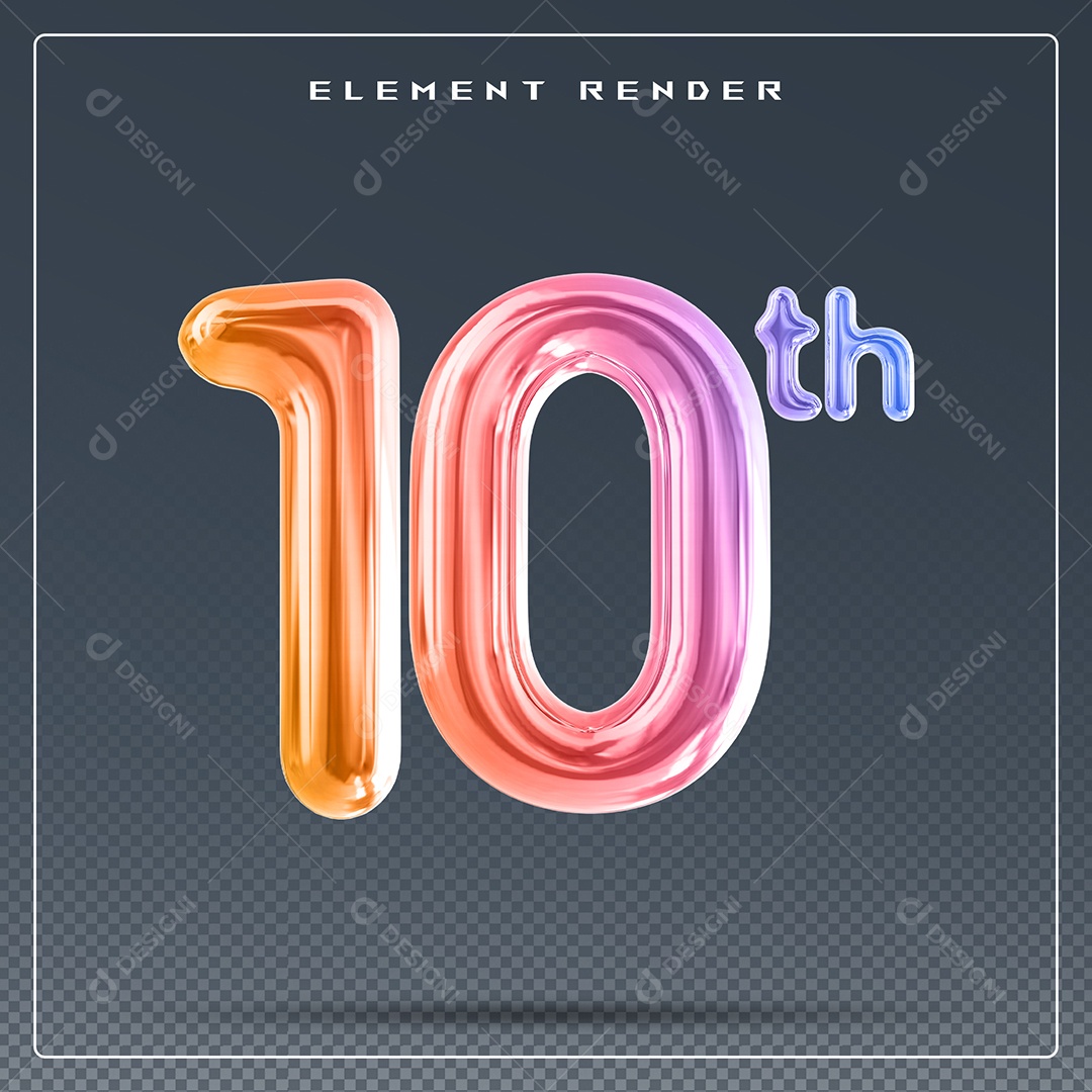 Elemento 3D Número 10 Th Colorido para Composição PSD