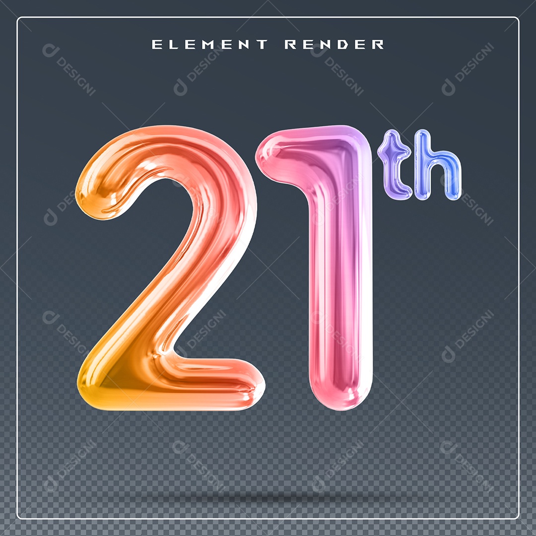 Elemento 3D Número 21 Th Colorido para Composição PSD