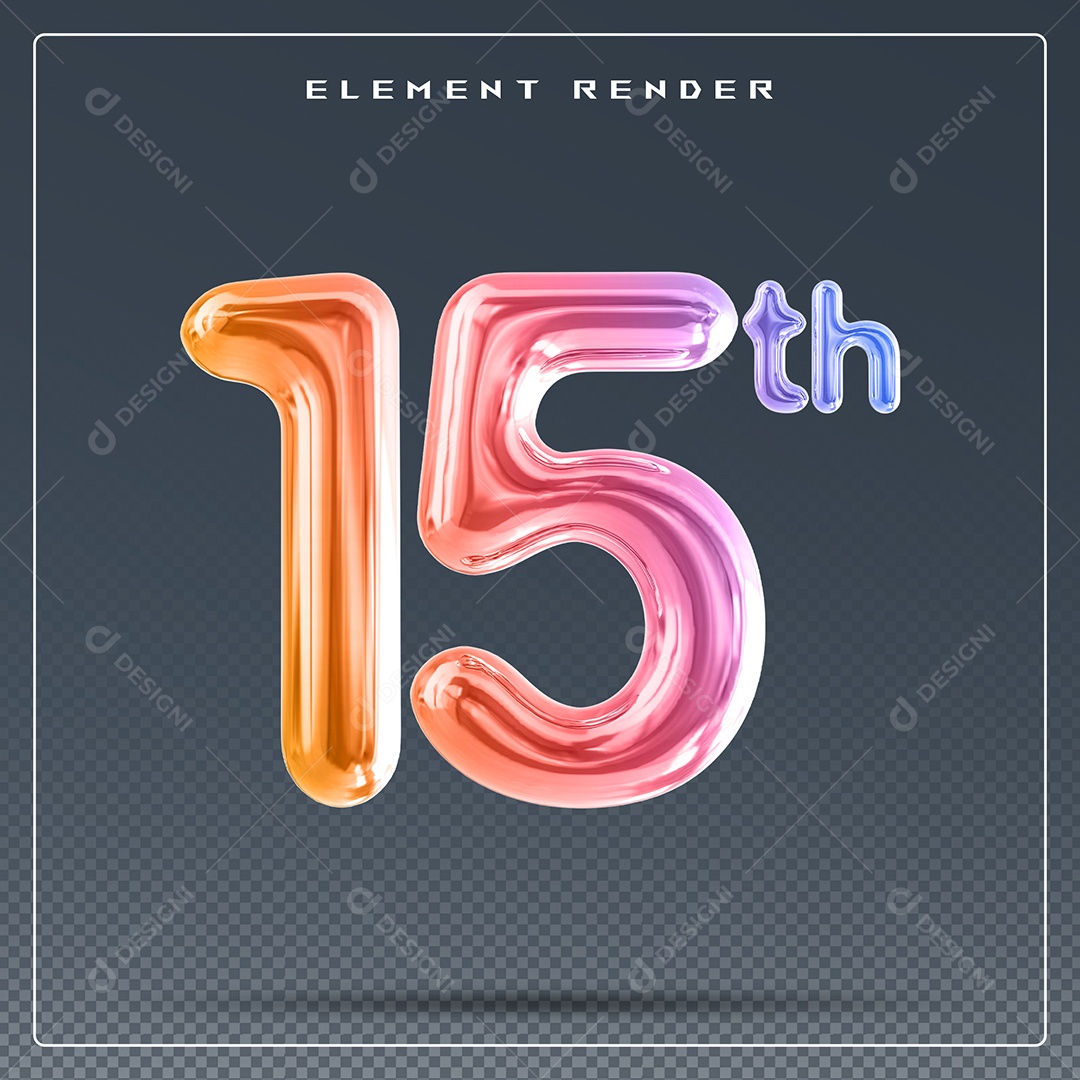 Elemento 3D Número 15 Th Colorido para Composição PSD