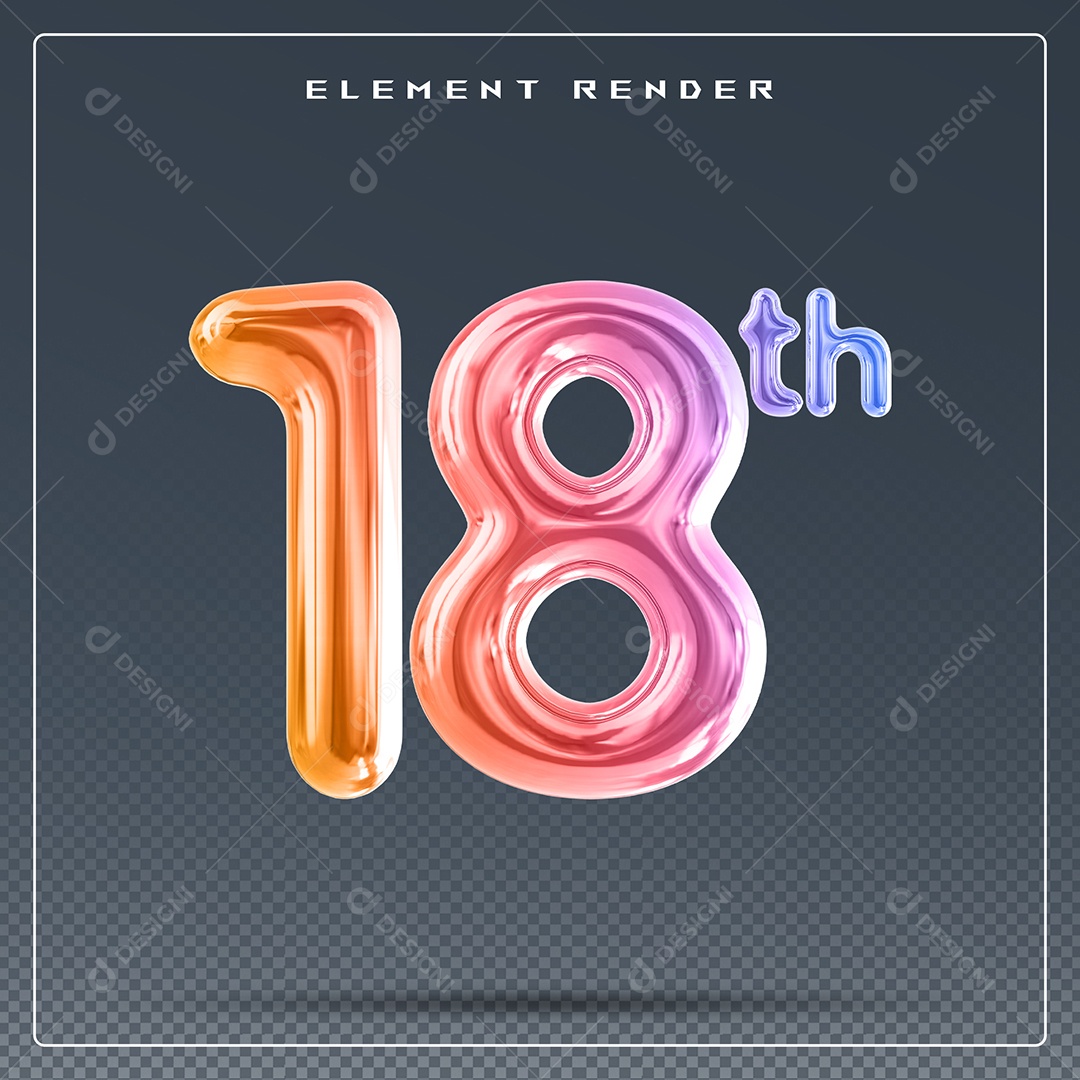 Elemento 3D Número 18 Th Colorido para Composição PSD