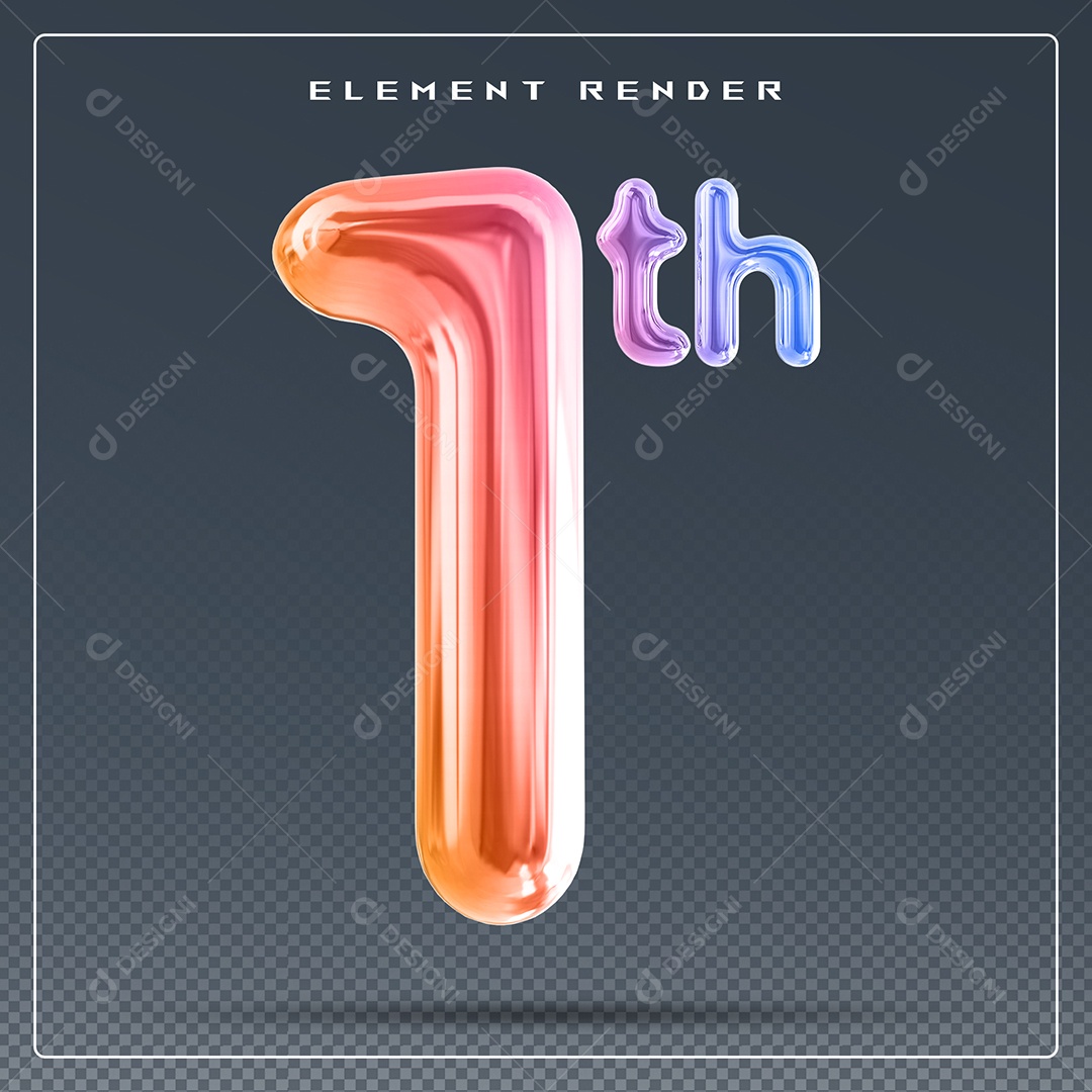 Elemento 3D Número 1 Th Colorido para Composição PSD