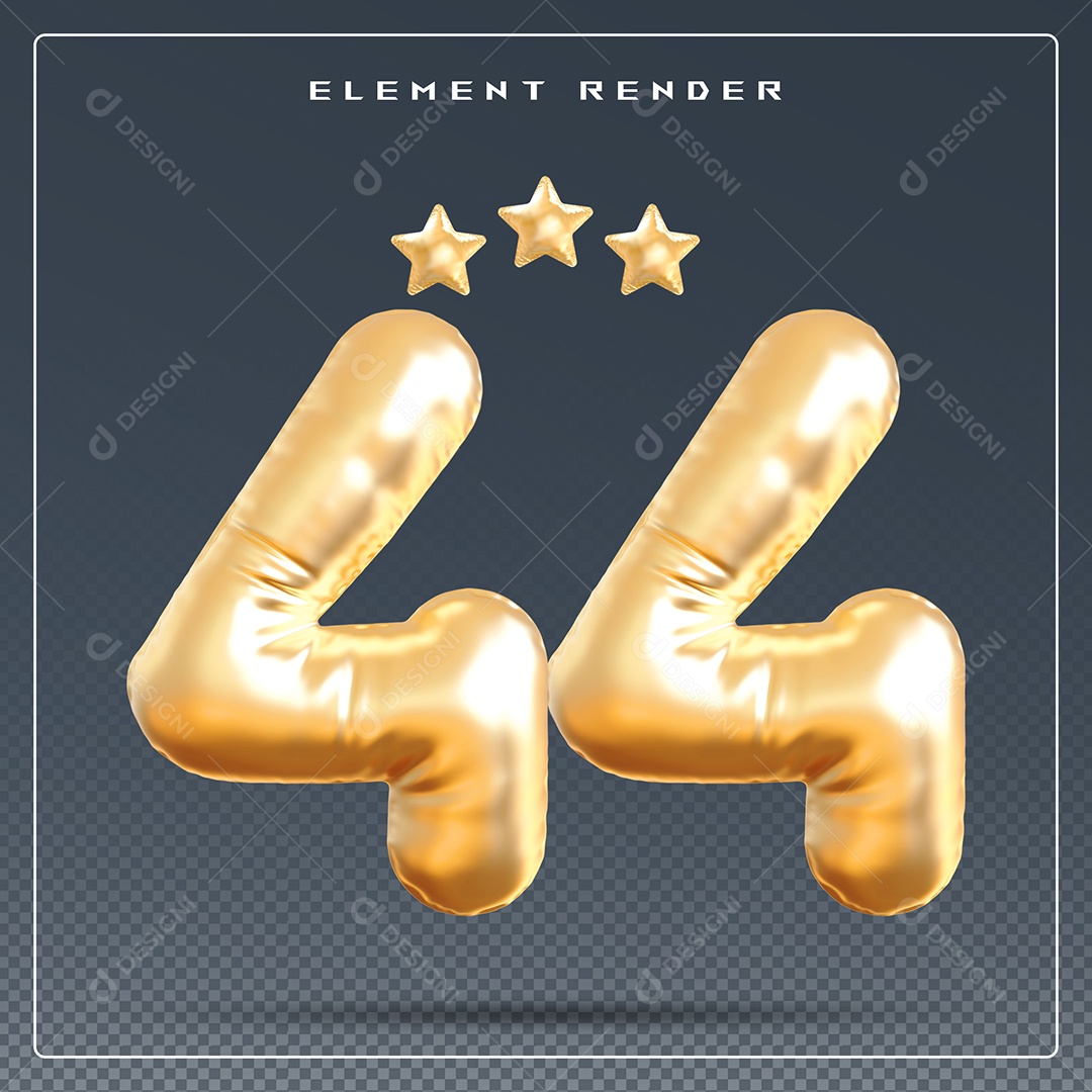 Elemento 3D Número 44 Dourado para Composição PSD