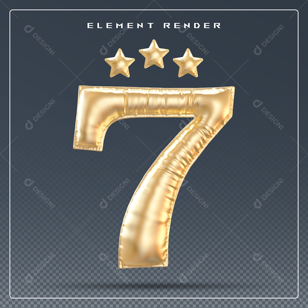 Elemento 3D Número 7 Dourado para Composição PSD