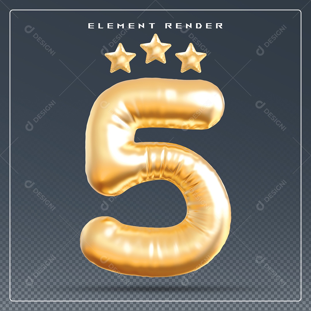 Elemento 3D Número 5 Dourado para Composição PSD