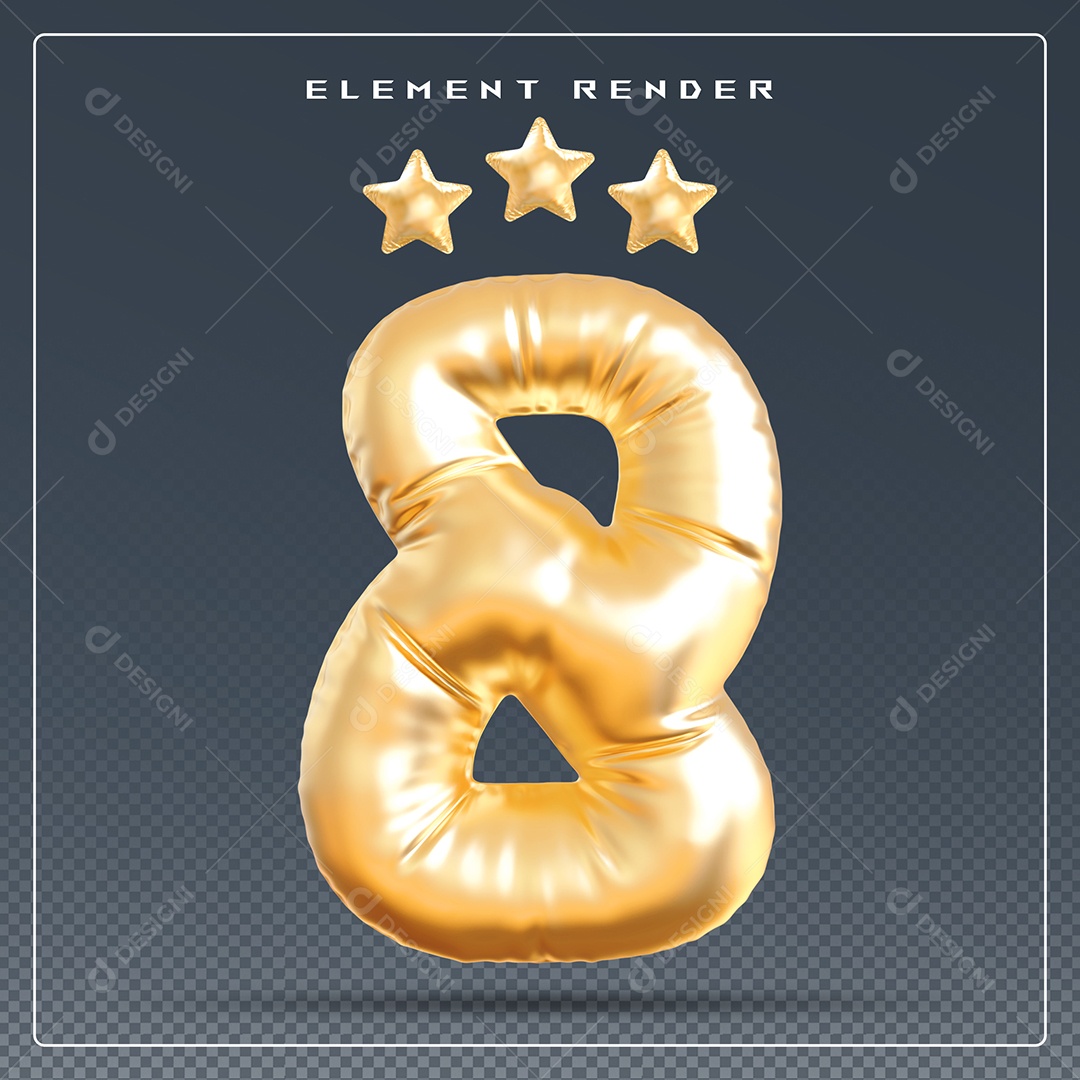 Elemento 3D Número 8 Dourado para Composição PSD