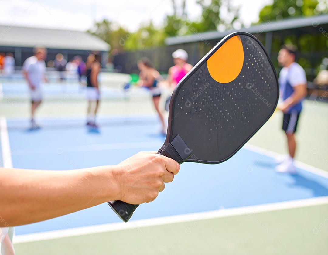 Mulheres segurando raquete na mão com vista para uma quadra de pickleball cheia de pessoas