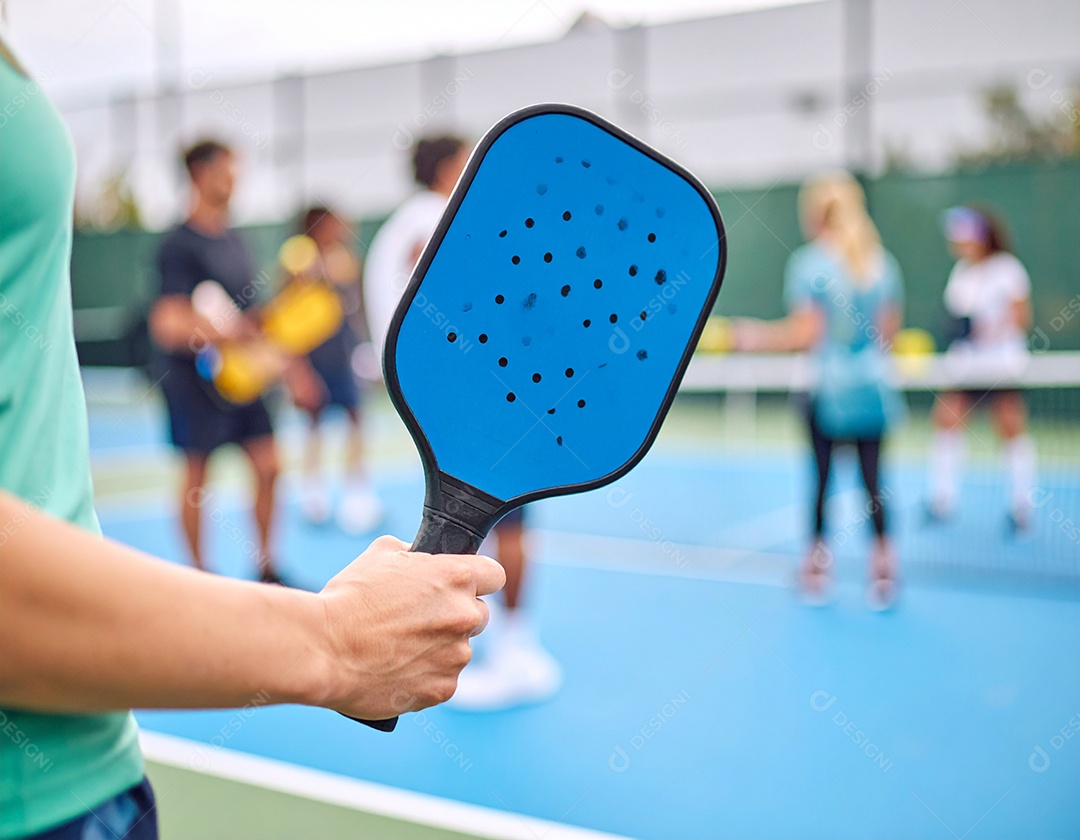 Mulheres segurando raquete na mão com vista para uma quadra de pickleball cheia de pessoas