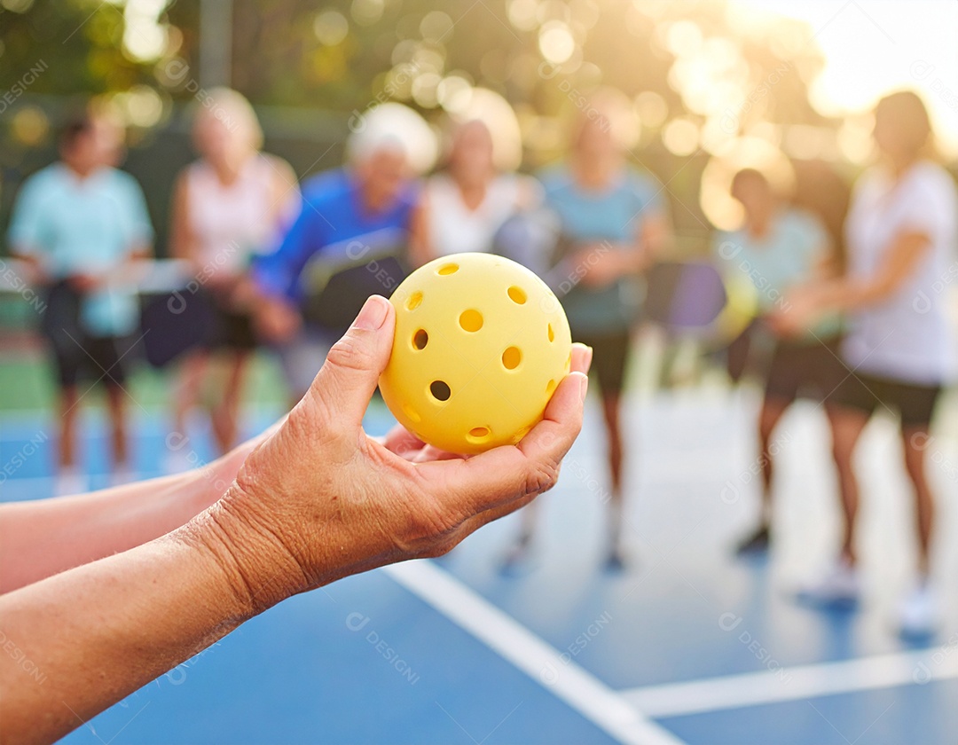 Mulheres segurando raquete na mão com vista para uma quadra de pickleball cheia de pessoas