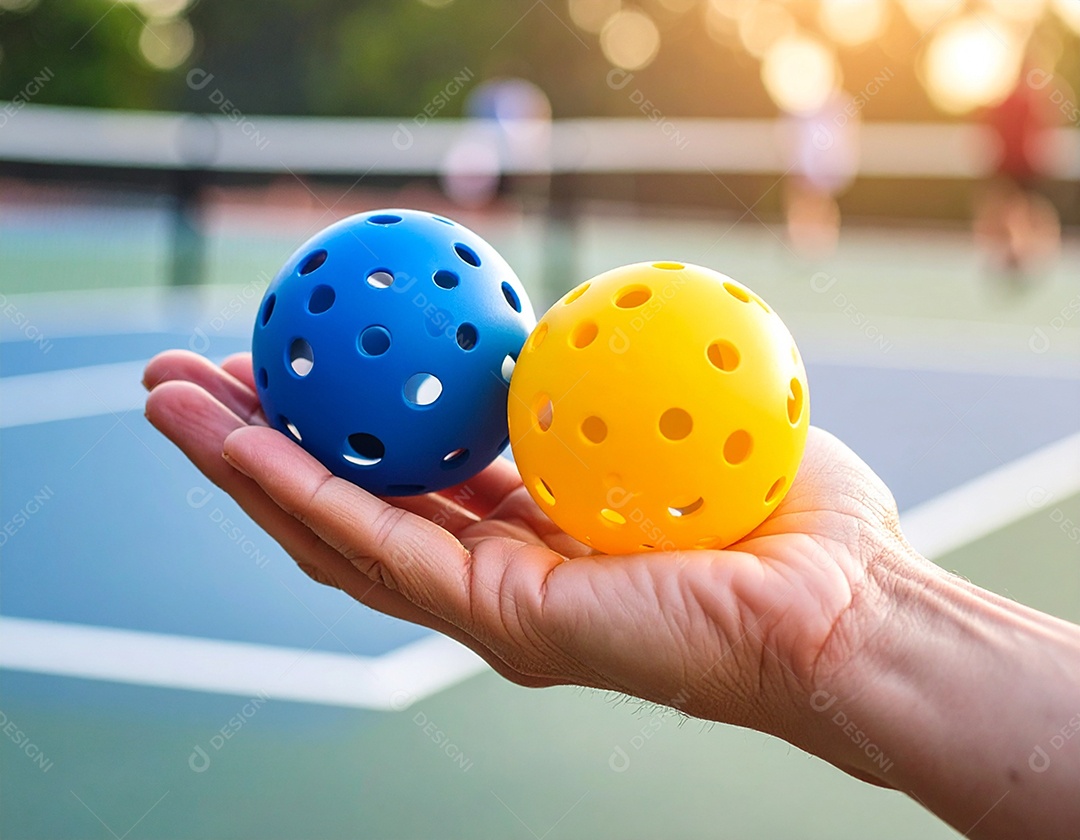 Mão de vaga-lume segurando duas bolas coloridas de pickleball com vista para a quadra ao fundo