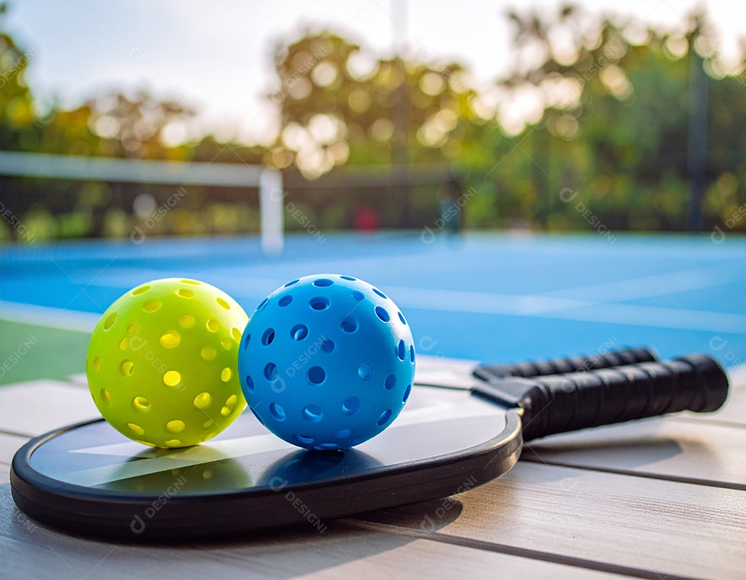 Firefly, duas bolas coloridas de pickleball com duas raquetes ao lado, com vista para a quadra