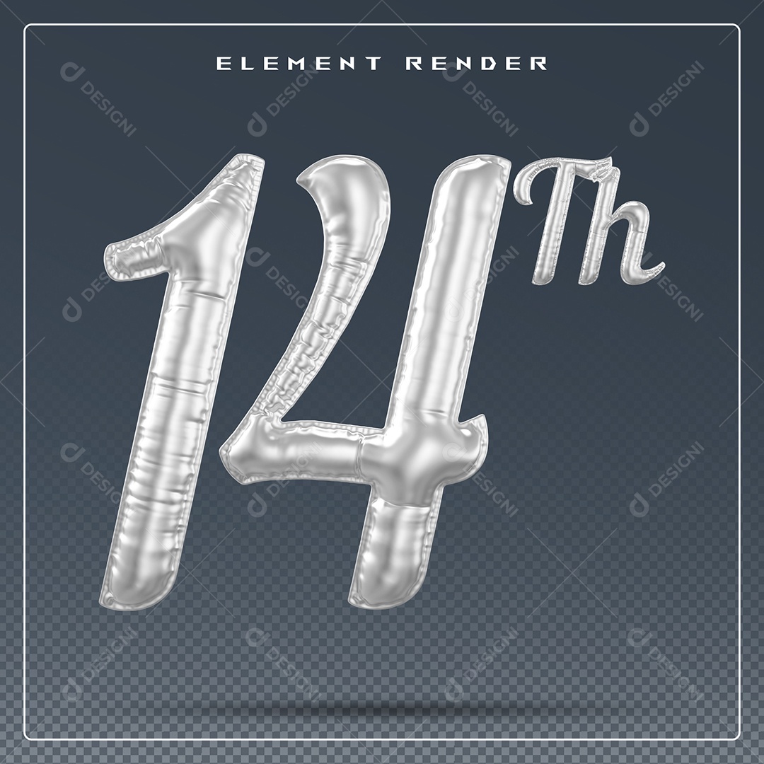 Elemento 3D Número 14 Th Cinza para Composição PSD
