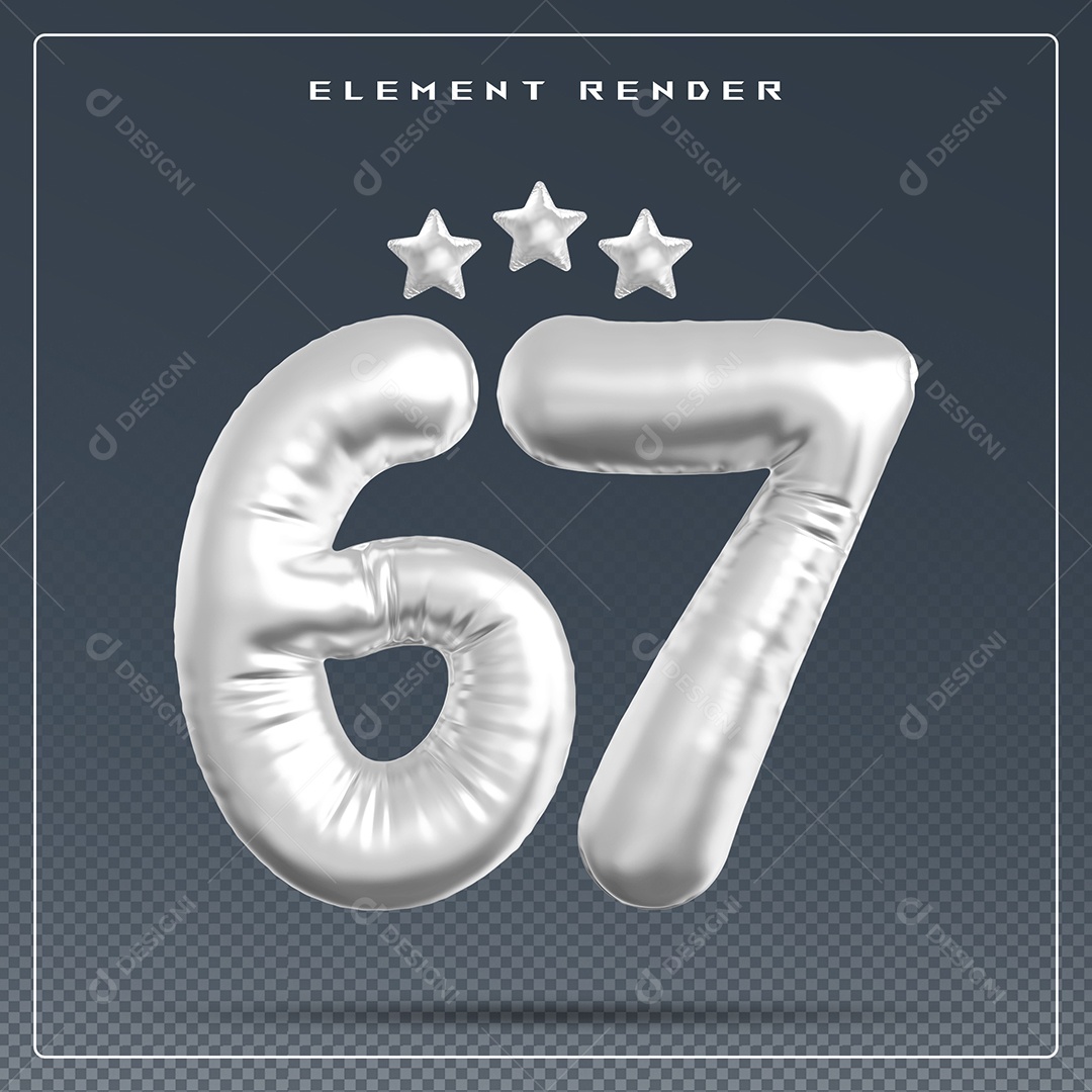 Elemento 3D Número 67 Cinza para Composição PSD