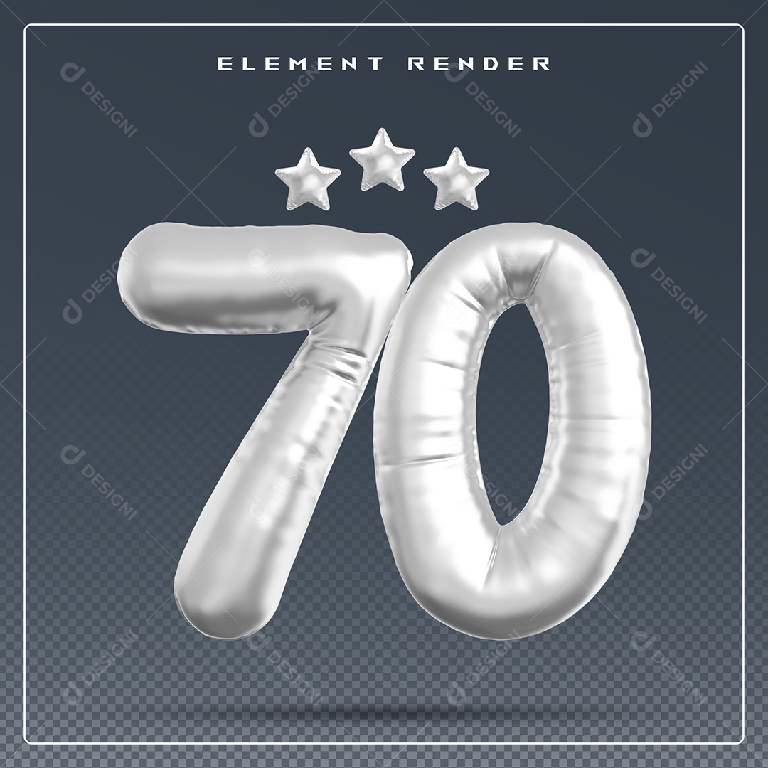 Elemento 3D Número 70  Cinza para Composição PSD