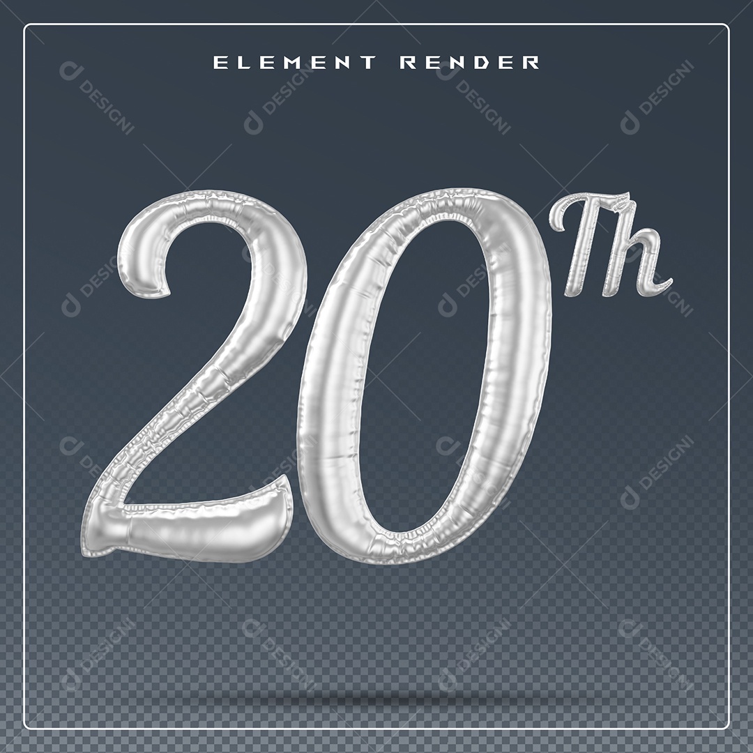 Elemento 3D Número 20 Th Cinza para Composição PSD