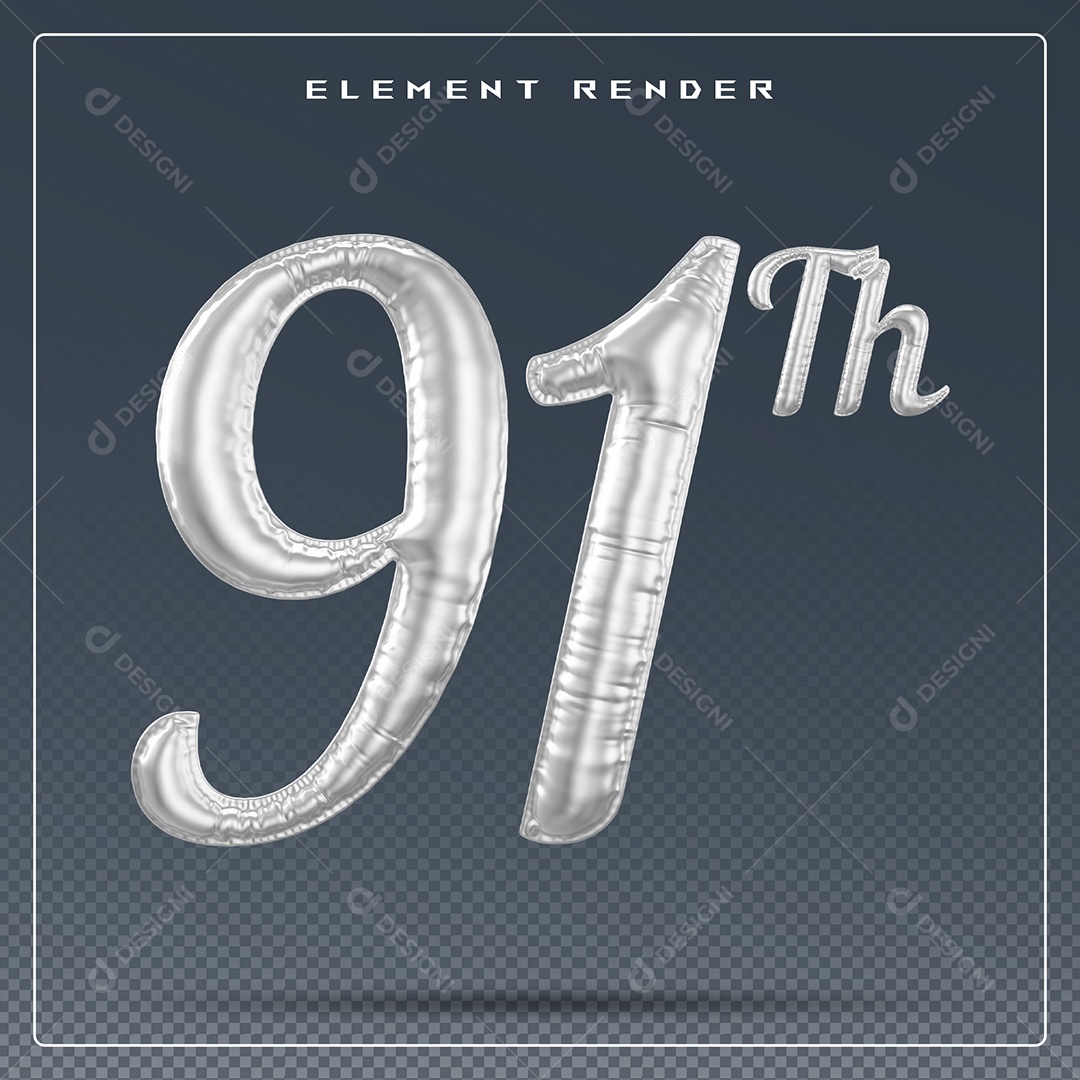 Elemento 3D Número 91 Th Cinza para Composição PSD