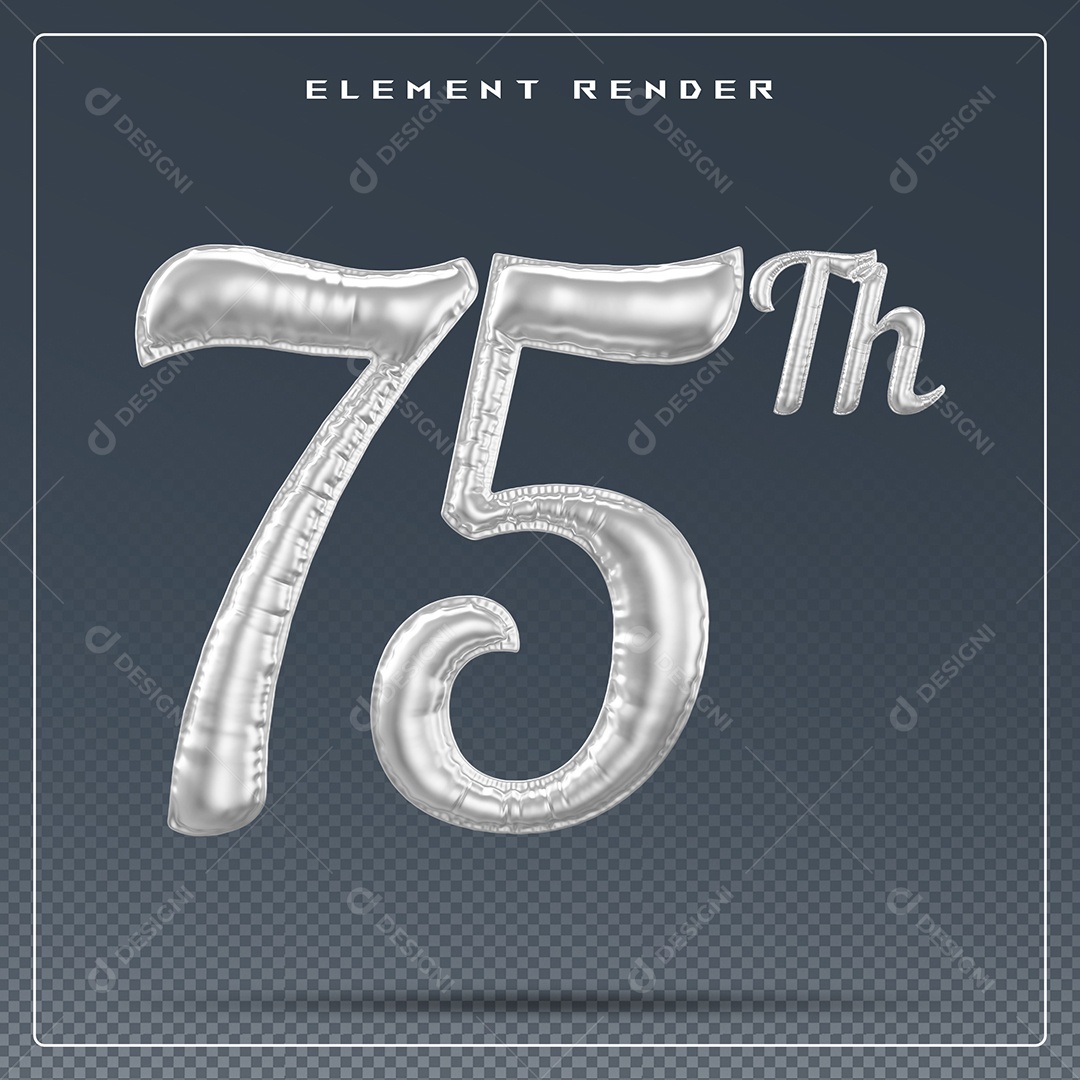 Elemento 3D Número 75 Th Cinza para Composição PSD