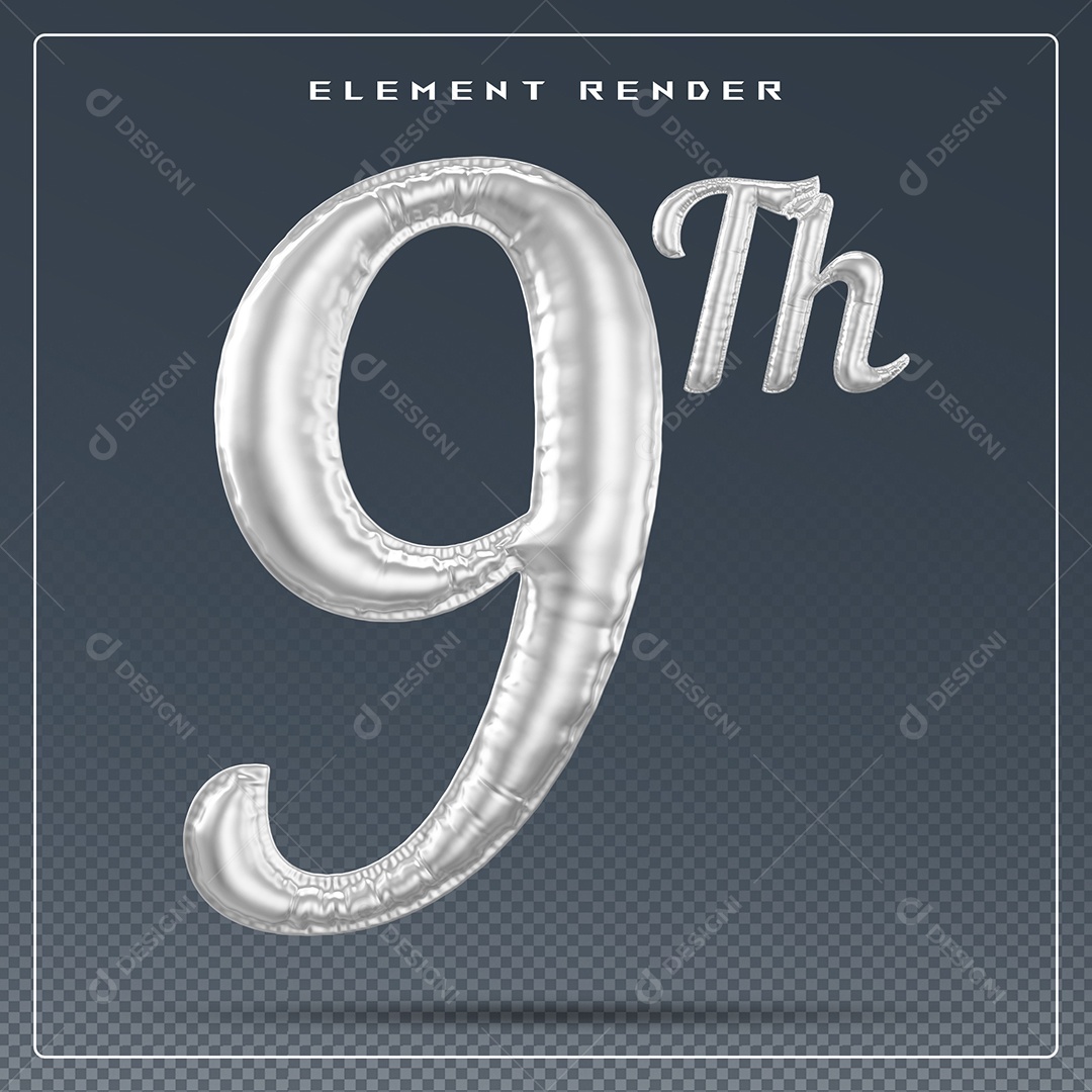 Elemento 3D Número 9 Th Cinza para Composição PSD