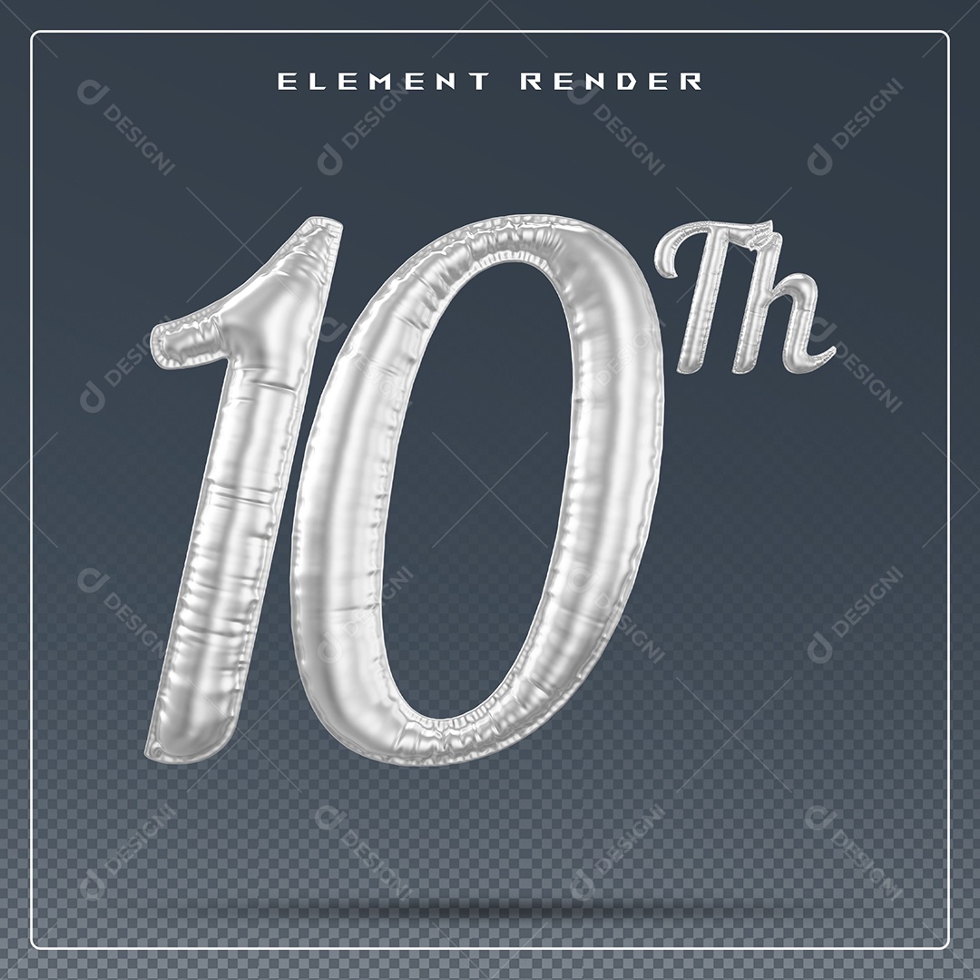Elemento 3D Número 10 Th Cinza para Composição PSD