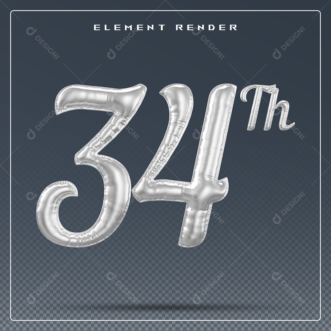 Elemento 3D Número 34 Th Cinza para Composição PSD