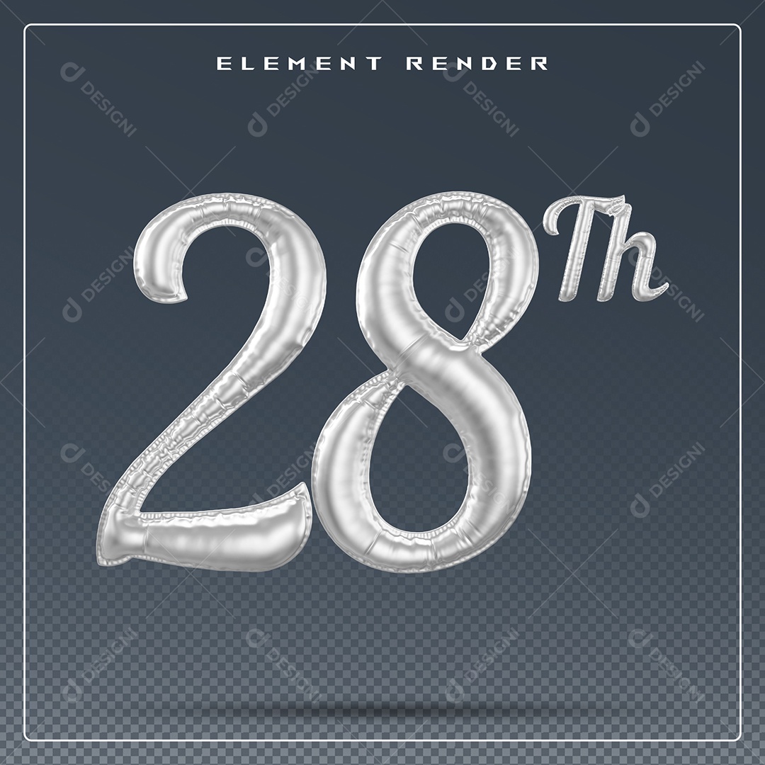 Elemento 3D Número 28  Th Cinza para Composição PSD