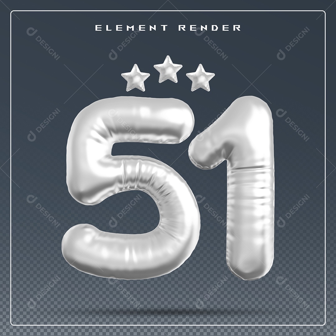 Elemento 3D Número 51 Cinza para Composição PSD