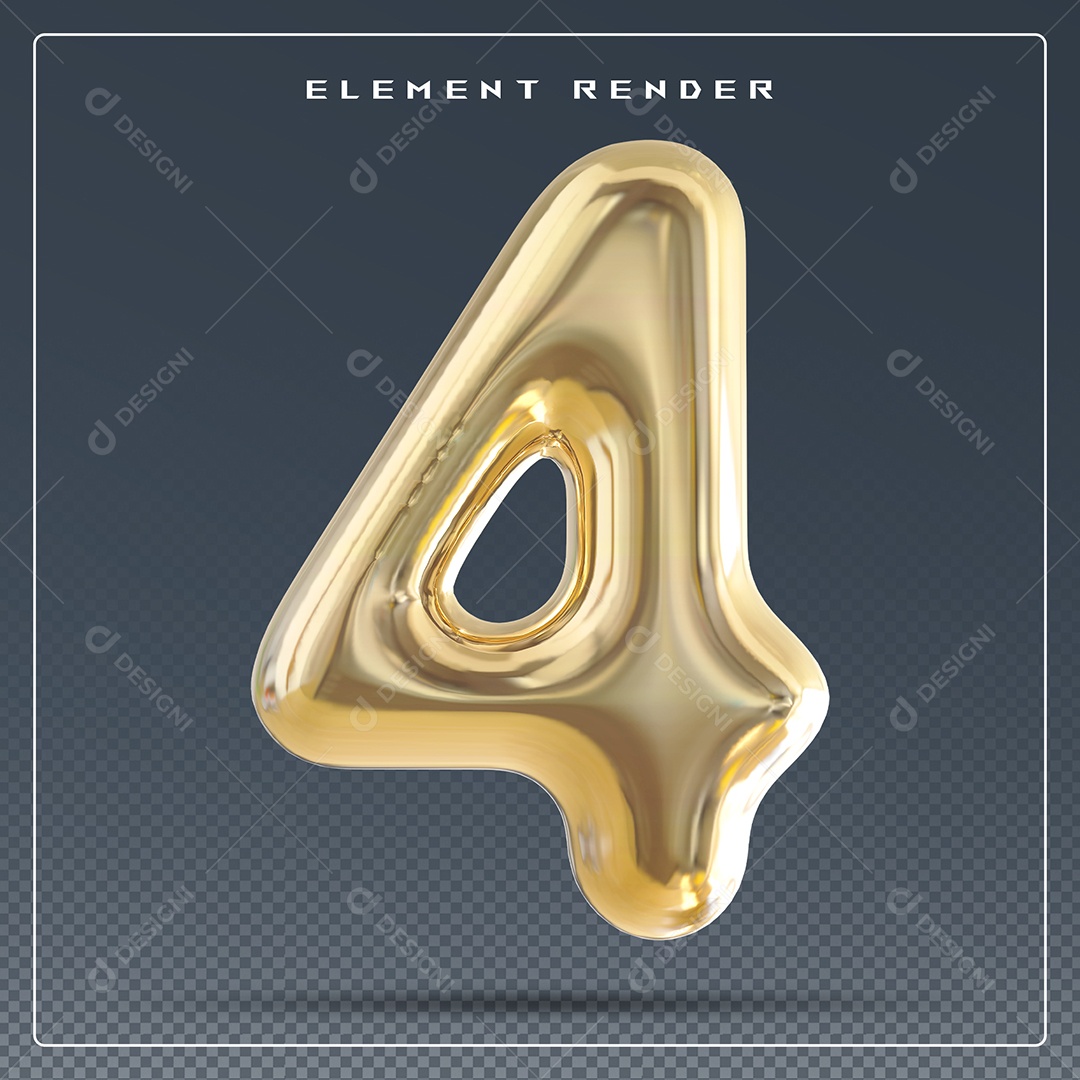 Elemento 3D Número 4 Dourado para Composição PSD