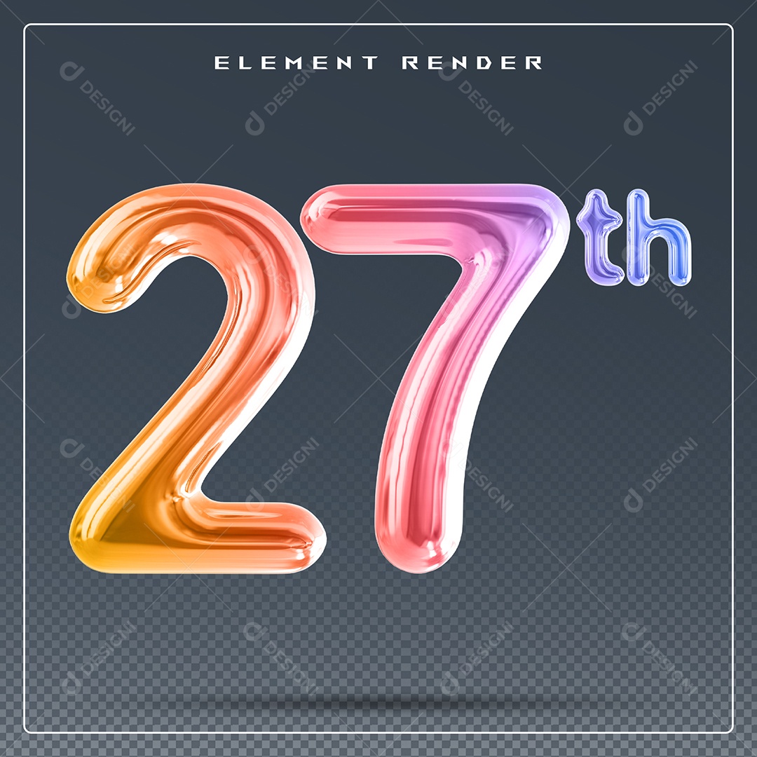 Elemento 3D Número 27 Th Colorido para Composição PSD