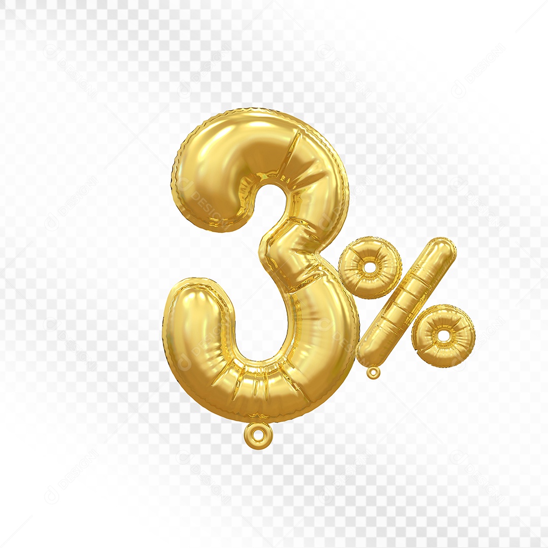 Balão Dourado 3% Desconto Elemento 3D Para Composição PSD