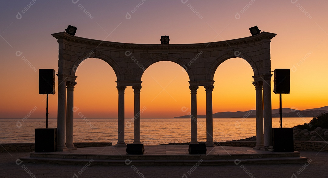 Cenário de Palco sob fundo de um lindo pôr do sol