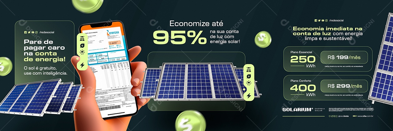 Carrossel Energia Solar Economize Até 95% Social Media PSD Editável
