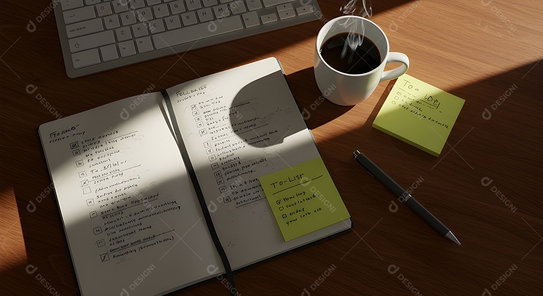 Imagem mostra uma mesa de trabalho ou estudo organizada