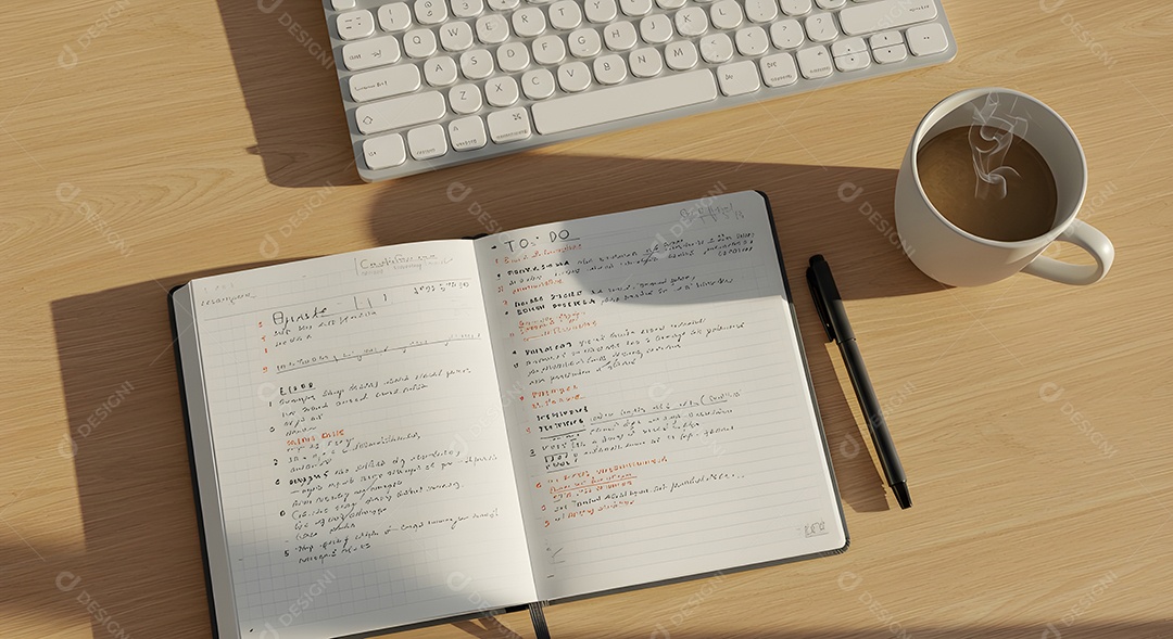 Imagem mostra uma mesa de trabalho ou estudo organizada