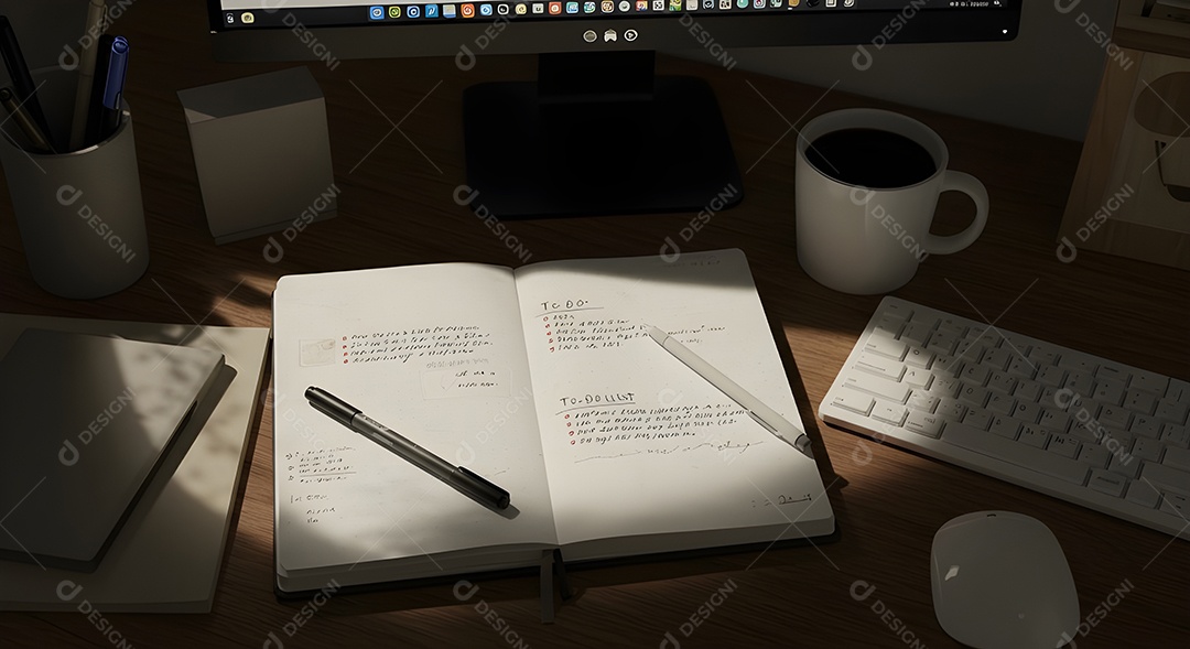 Imagem mostra uma mesa de trabalho ou estudo organizada