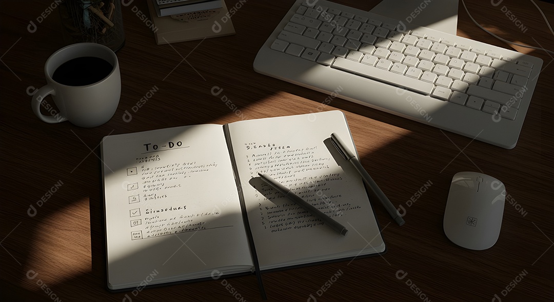 Imagem mostra uma mesa de trabalho ou estudo organizada