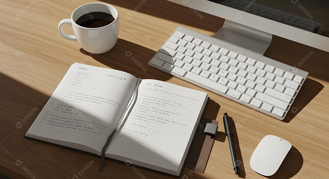 Imagem mostra uma mesa de trabalho ou estudo organizada