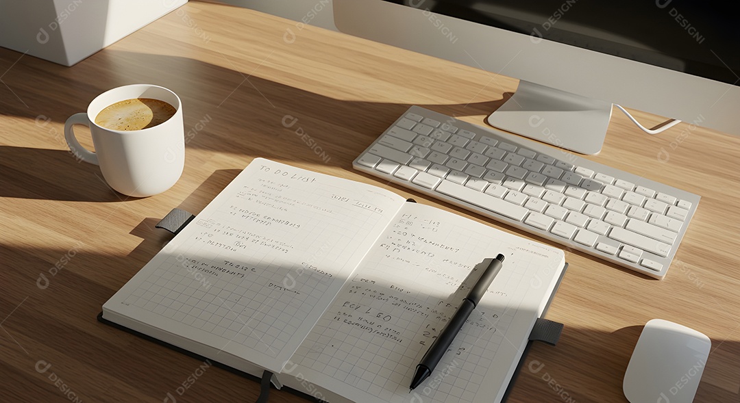 Imagem mostra uma mesa de trabalho ou estudo organizada