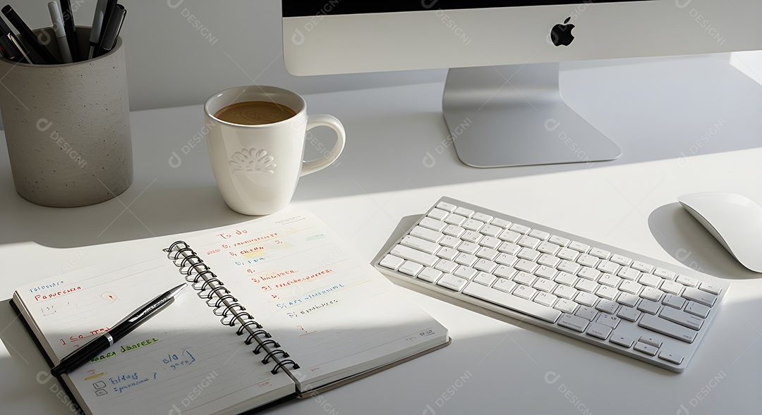 Imagem mostra uma mesa de trabalho ou estudo organizada