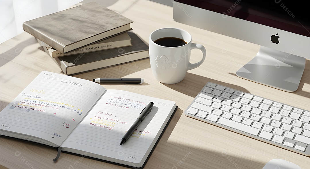 Imagem mostra uma mesa de trabalho ou estudo organizada