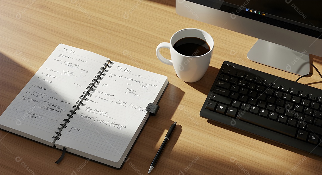 Imagem mostra uma mesa de trabalho ou estudo organizada