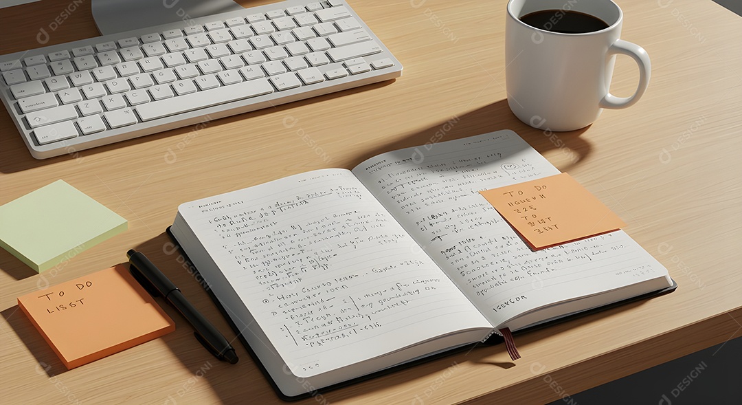 Imagem mostra uma mesa de trabalho ou estudo organizada