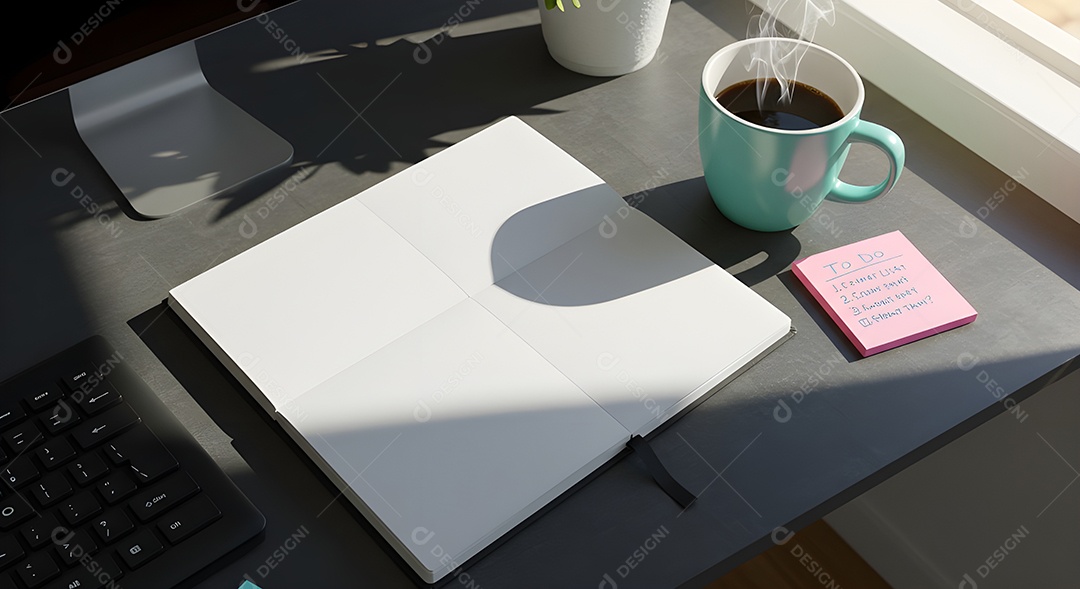 Imagem mostra uma mesa de trabalho ou estudo organizada